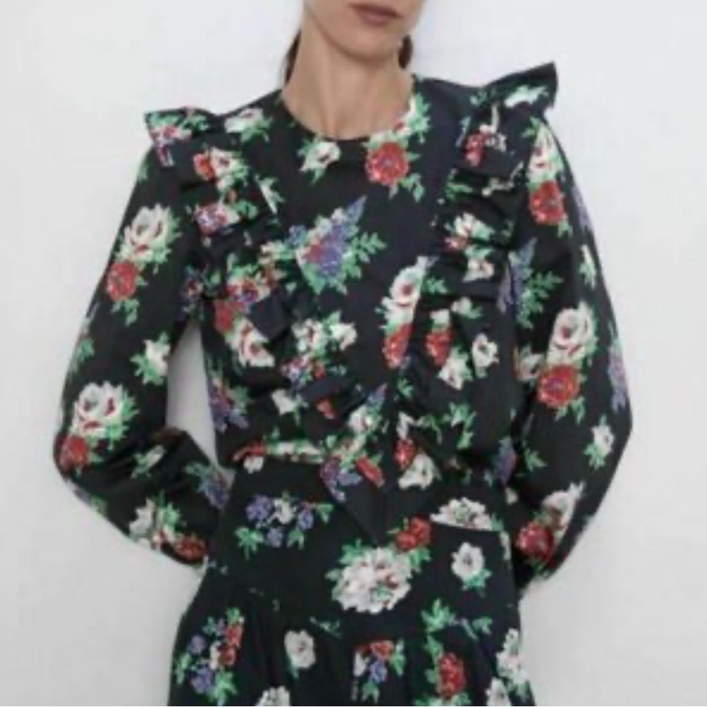 NWT ZARA WOMAN Floral Print Blouse Shirt Top Black